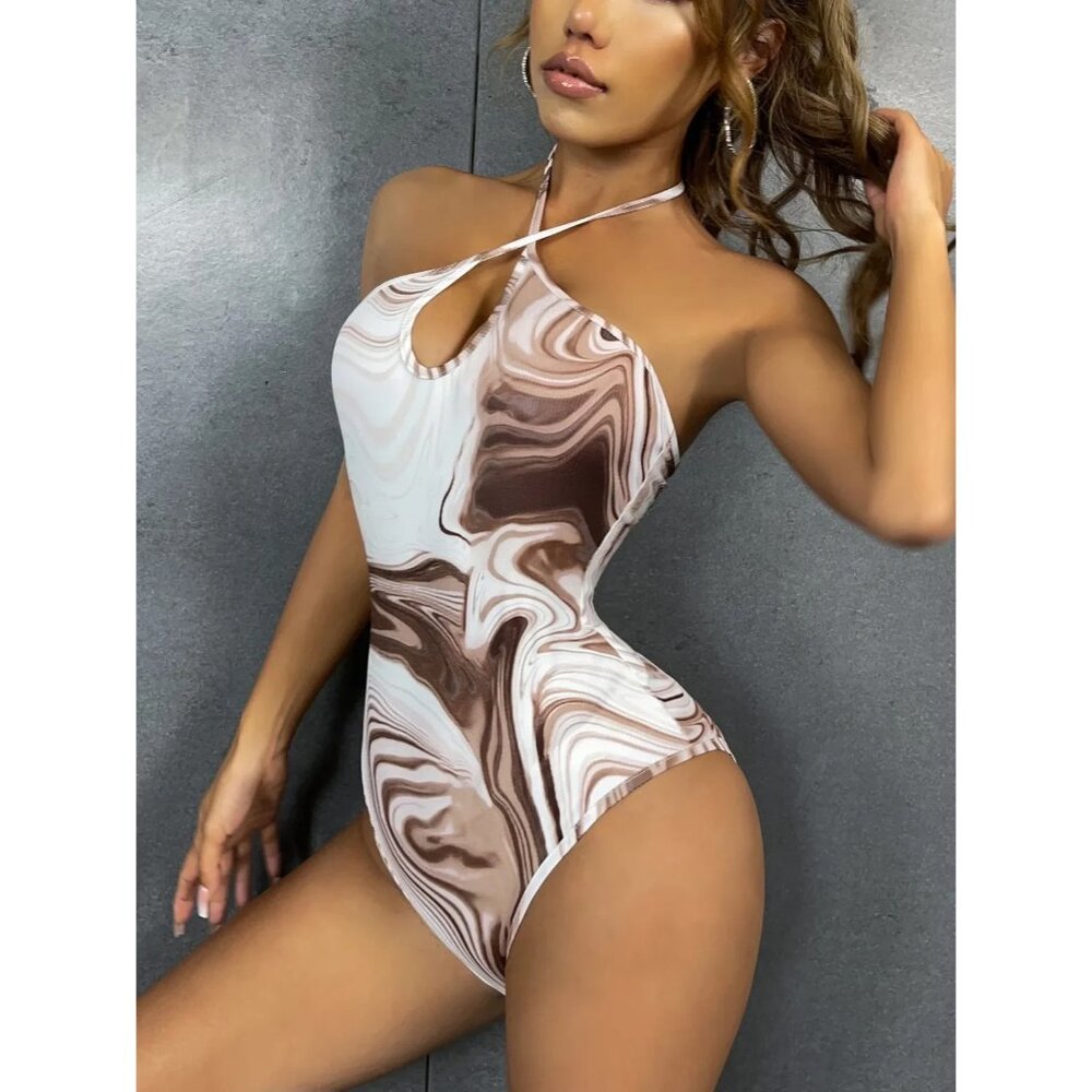 Chicme Multicolor Marble Print Tie Backless Halter Bodysuit Womens Size Medium
